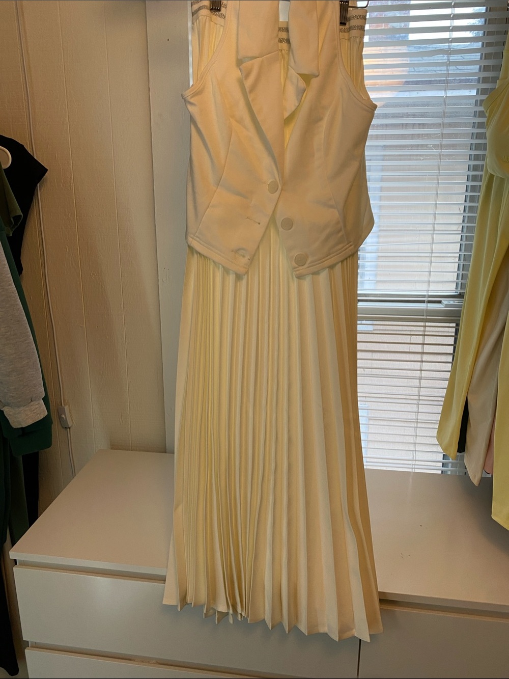 Women's Cream Pleated Sleeveless Dress with Vest Detail